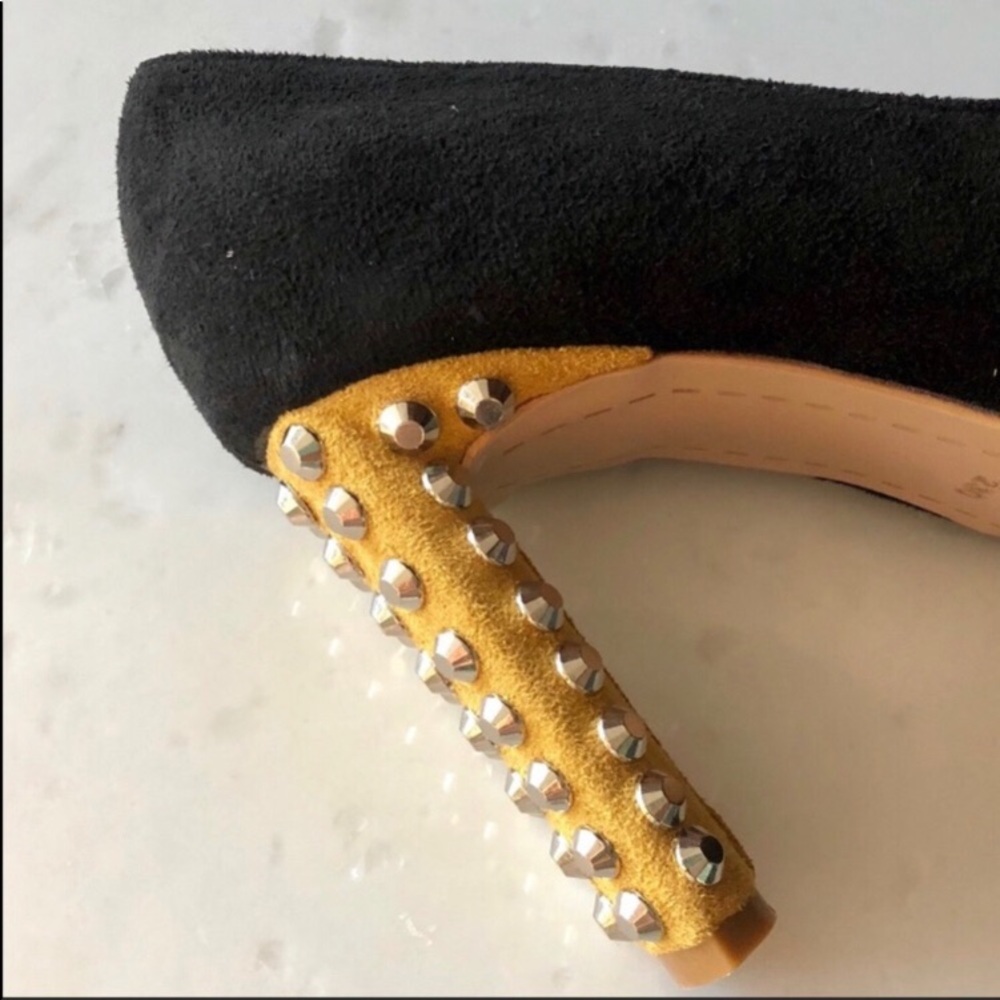 Black + Mustard Suede Rivet Heels - Picture 5 of 7